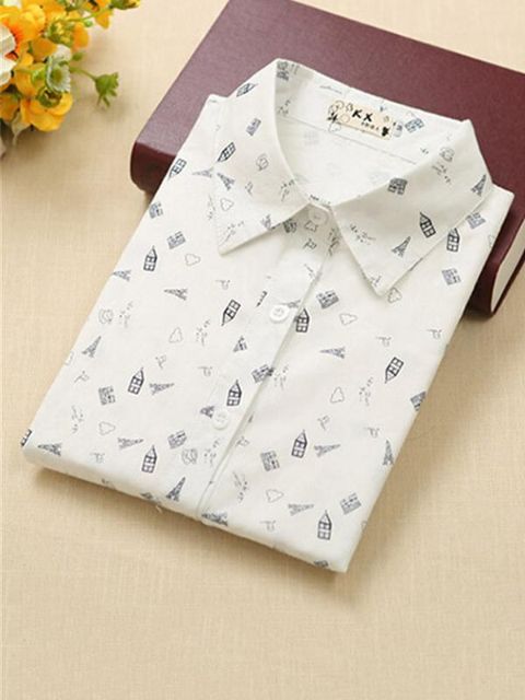 Nytt mode Casual Långärmade Solid Skjortor Eiffeltorn Mönster Blus Lapel Stitching Shirt Blus Toppar