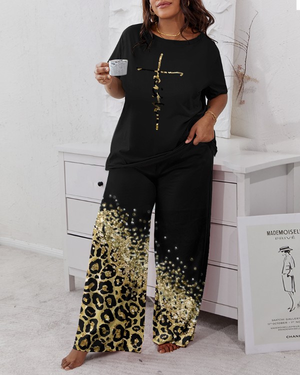 Plus Size Faith Contrast Leopard Print Wide Leg Pajamas Set