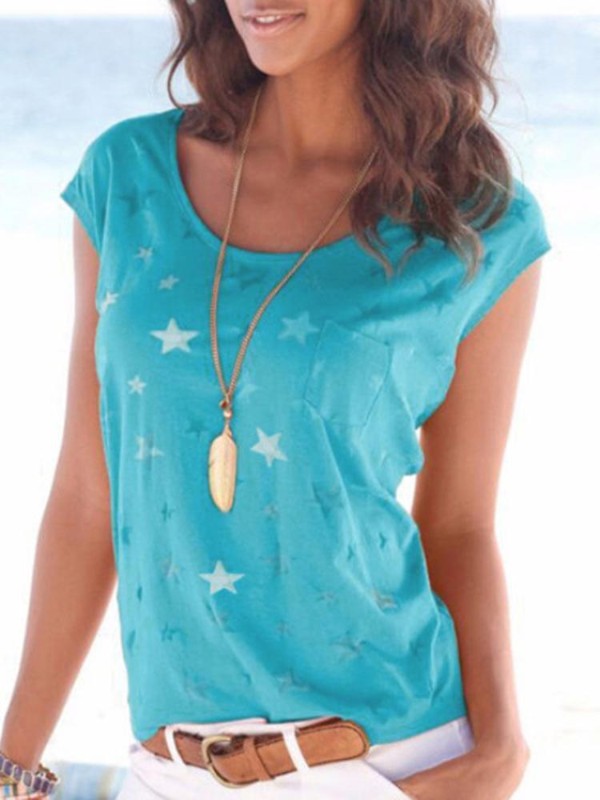 Tíska kvenna Solid Round Neck vasa bolur stutt ermi Loose frjálslegur toppur bolur