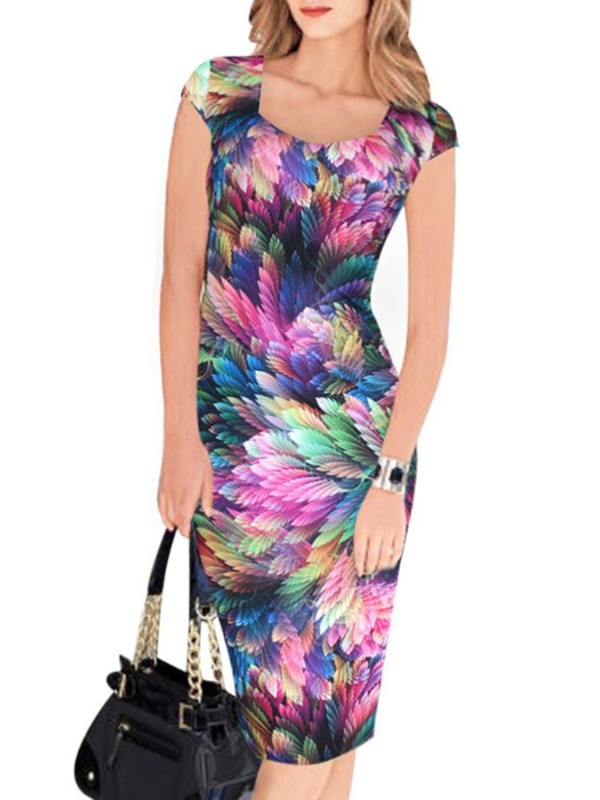 Pena da Mulher da moda Imprimir Fino Vestido de Festa À Noite Do Vintage Elegante Lápis Bodycon Vestidos