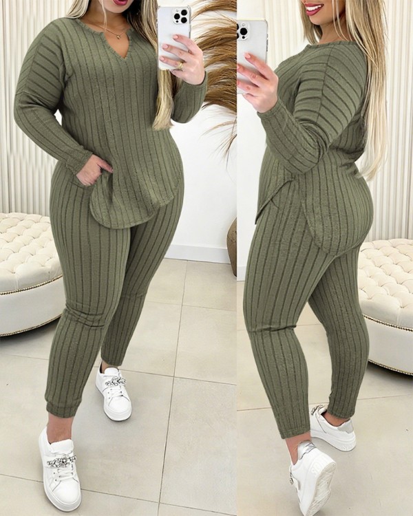 Plus Size 2 Pieces Outfit Notch Neck Long Sleeve Asymmetrical Hem Top and Elastic Waist Slim Fit Pants Set Casual Brushed Ribbed Set