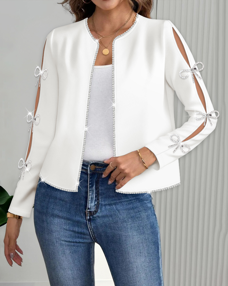 Rhinestone Bowknot Decor Open Front Rhinestone Trim Design Jacket Casual Hollow-out Long Sleeve Crop Coat