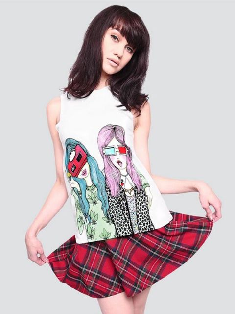 Women Fashion White Digital Pretty Girls Print Sleveless Vest Vrop Top Shirt