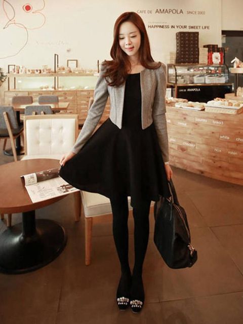 Women's OL Style Slim Fit Solid Color Round Neck Two-piece Long Sleeve Dress
