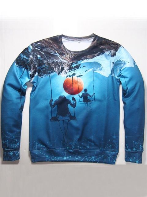 Impresión de la manera de las mujeres Crewneck Sudaderas Pullovers Outwear deportivo Manga larga Tops azules