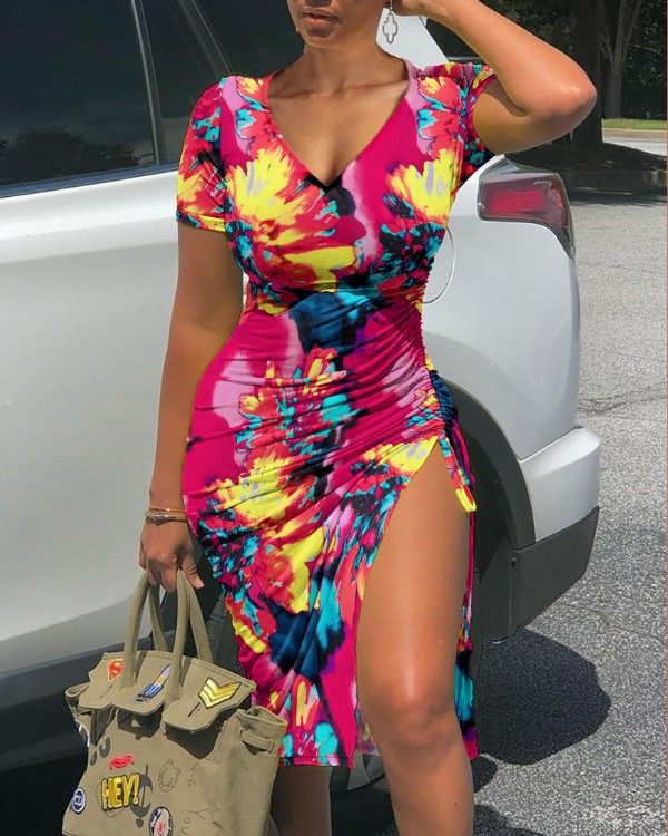 Abstrakt tryck Kortärmad dragkedja med rynkad smal klänning