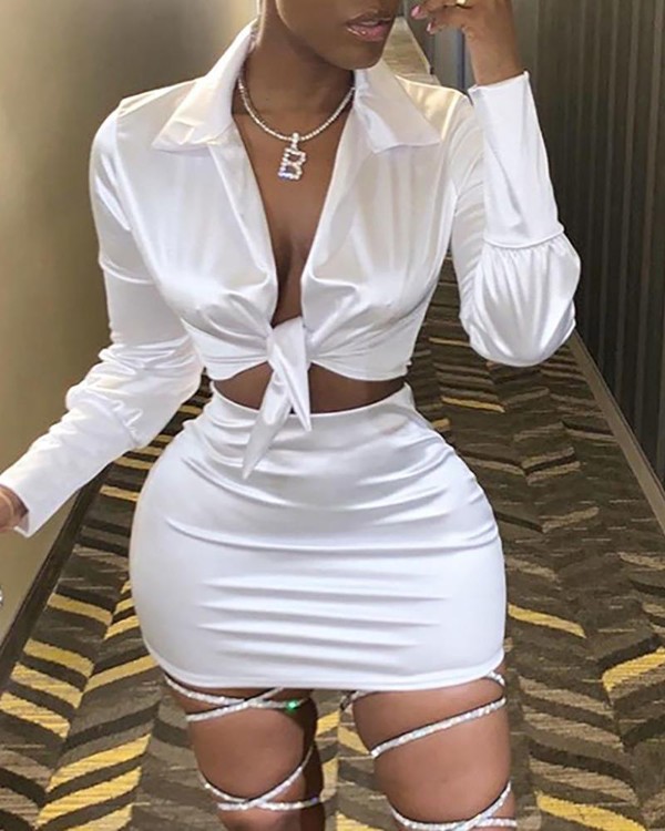 satin tie front crop top