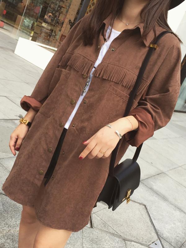 Sección de la moda larga de mujer suelta cárdigan Tops Coat Suede Outwear chaqueta con borlas