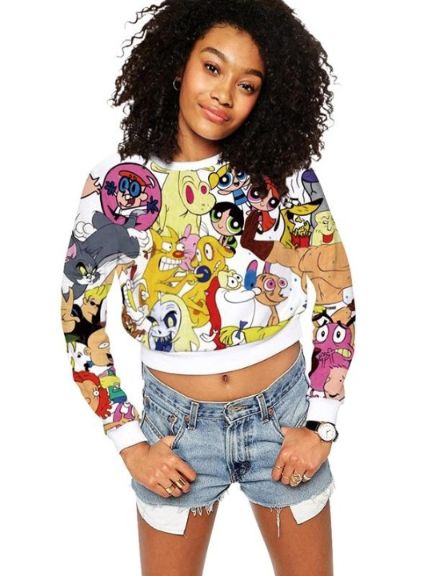Kvinnors modetecknad Pokémon Print Crop Top Round Neck Långärmade tröjor Top Pullovers Outwear