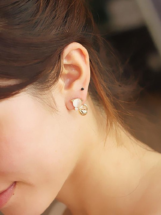 2015 Nova Moda Bonito Gatinho Temperamento Strass Doce Opala Cat Bowknot Brincos Para As Mulheres