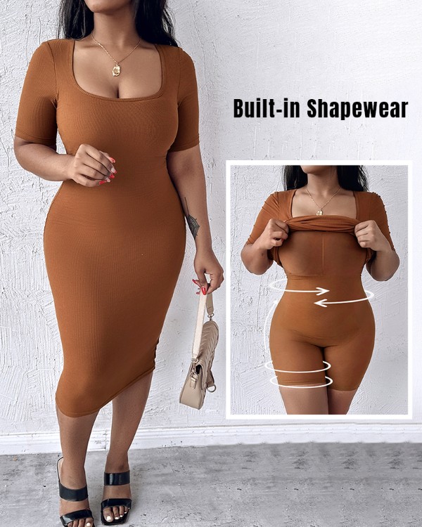 ChicMe ShapeSculpt Kurzarm Bodycon Midikleid EINGEBAUTES SHAPEWEAR Quadratischer Ausschnitt Slim Fit Freizeitkleider