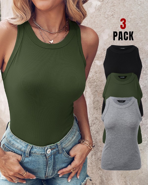 3-Pack Knit Round Neck Thick Strap Racerback Tank Tops(Without Pads)