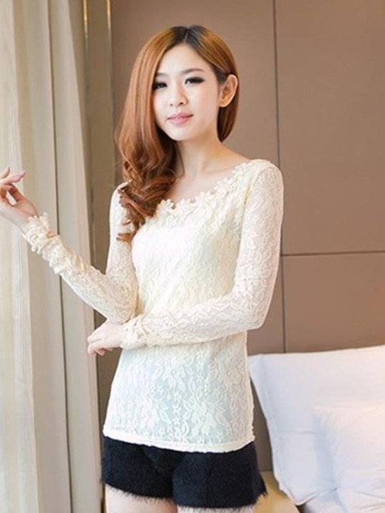 Manga larga de las mujeres de la moda de otoño bordado floral de encaje de ganchillo camiseta camiseta Top Blusa S / M / L / XL / 2XL