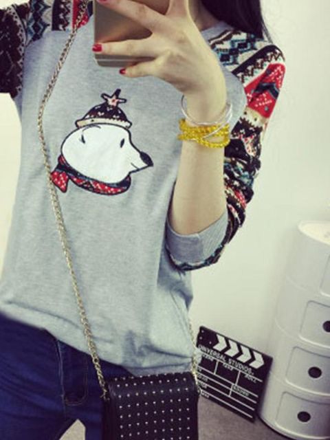 Muoti syksy naisten söpö karhu tulostaa pitkähihainen huppari trendikäs rento O-kaulainen fleece vuorattu löysä hupparit