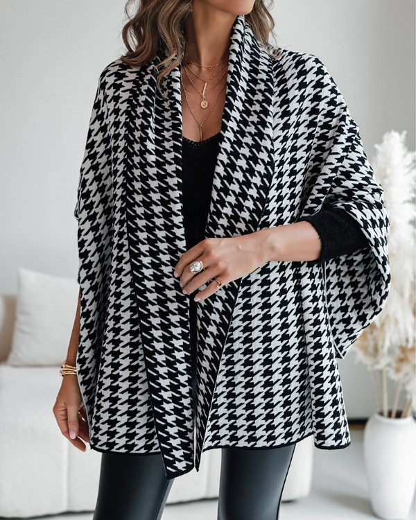 Houndstooth Print Batwing Sleeve Cape Shawl Casual Sweater Coat