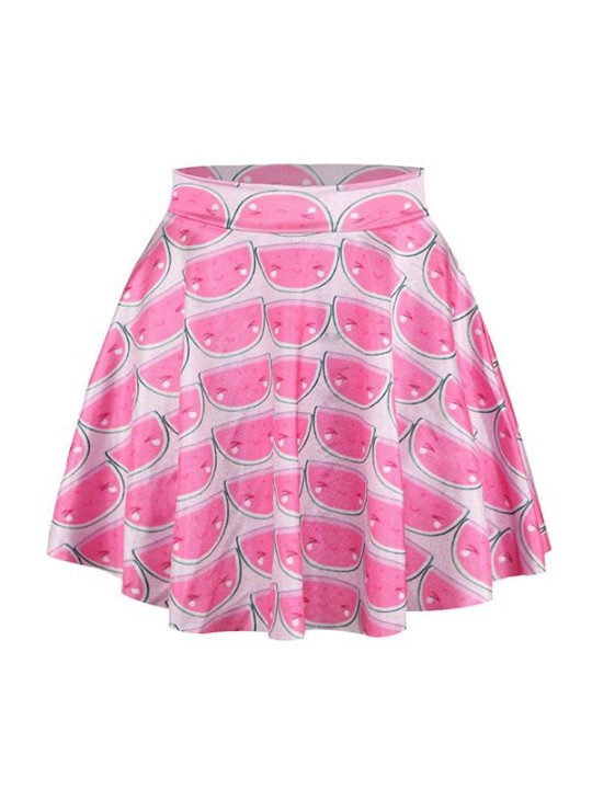 Vestidos de cintura alta de estampado digital de sandía de moda para mujer Mini faldas Skater flared