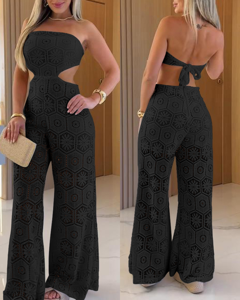 Bandeau Eyelet Embroidery Waist Cutout Tied Back Overalls Casual Zipper Back Wide Leg Jumpsuit With Lining