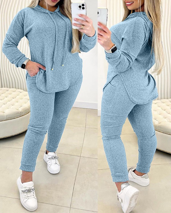 Plus Size Asymmetrical Hem Hooded Sweatshirt & Pocket Design Pants Set