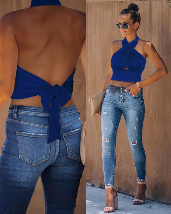 Plain Neck Hanging Cold Back Blússa