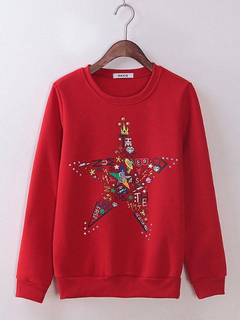 Kvinders efterårsmode Varm afslappet stjerne-trykt langærmet varm strikket sweater Pullover sweatshirt toppe