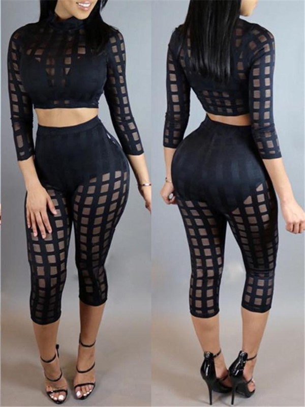 Sexy Mode Moulante Perspective Costume Style 2 PCS Décoré Costume De Sport De Feu TEE À Manches Longues Crop Tops + Pantalon Élastique
