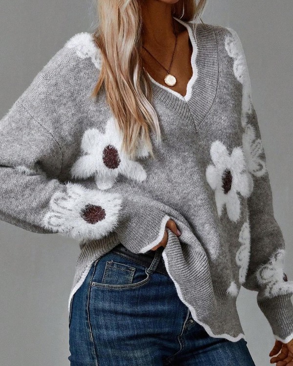 Contrast Binding 3D Flower V Neck Long Sleeve Pullover Sweater Casual Loose Fit Fall Top
