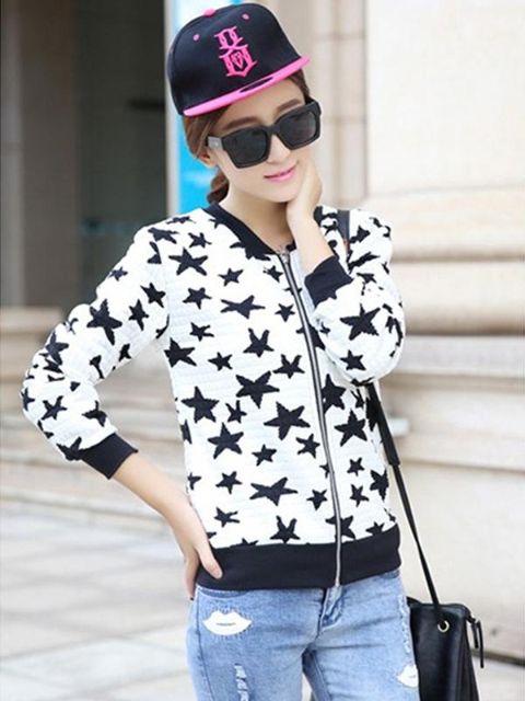 Women's Korean Style Star Print Short Coat Zipper Long Sleeve Baseball Jacket Unifroms