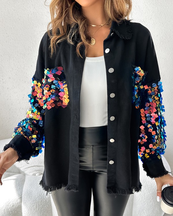 Contrast Sequin Long Sleeve Jacket Top Button Front Raw Hem Loose