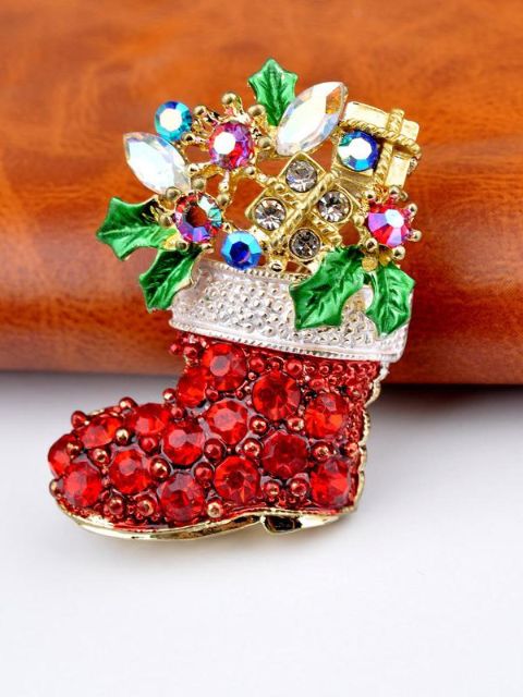 Red Santa Socks Crystal Pins Brooches For Christmas Gift Unique Shoes Boots Pins Brooches Ladies Women Brooches Pins