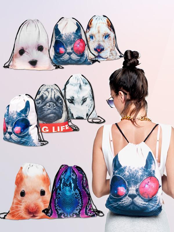 Unisex 3D Prent Hundur Kattarmús Tiger Wolf Dýrprentun Bakpoki Ferðast Softback Man Women Harajuku Drawstring Bag