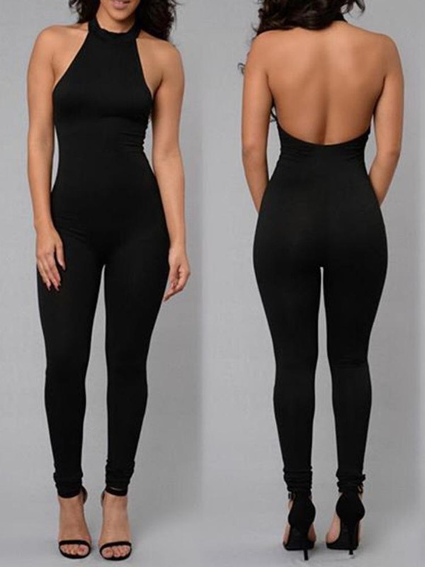 Damen Sexy Backless Clubwear Enge Overall Sleeveless Strampler Schwarz Verband Overall Volle Hosen