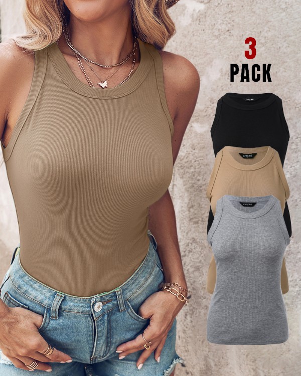 3-Pack Knit Round Neck Thick Strap Racerback Tank Tops(Without Pads)