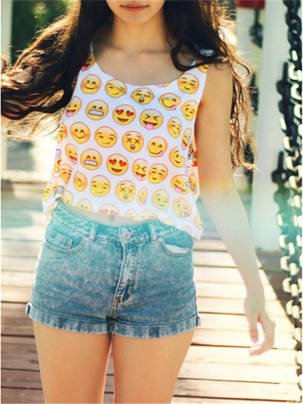 Mode Sommer kurze Crop Tops Frauen 3D Emoji gedruckt Weste