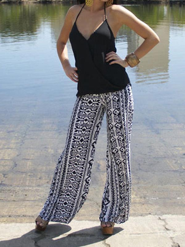 Women Tribal Aztec Printed Casual Pants Wide Leg Fold Over High Waist Palazzo Pants Trousers