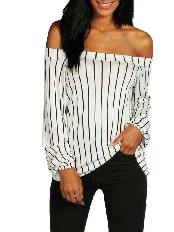 Sexig Fashion Strip Långärmad Word Neck Off Shoulder T-shirt Crop Top Casual Bluse Tee