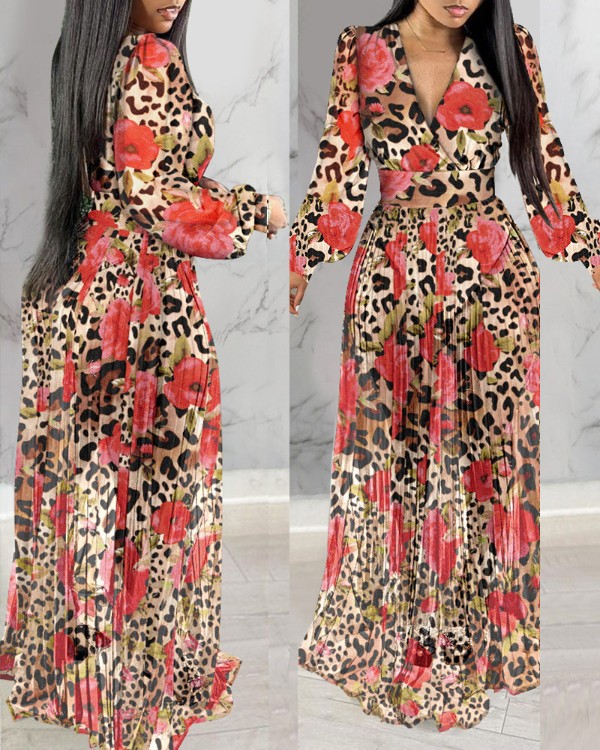 Leopard Floral Print Lantern Sleeve Sheer V-Neck Pleated Maxi Dress Elegant Evening Dress