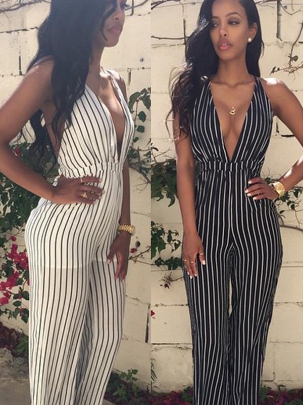 Sexet Lady&#39;s Deep V Neck Backless Jumpsuit Høj Talje Ærmeløs Stribet Romper