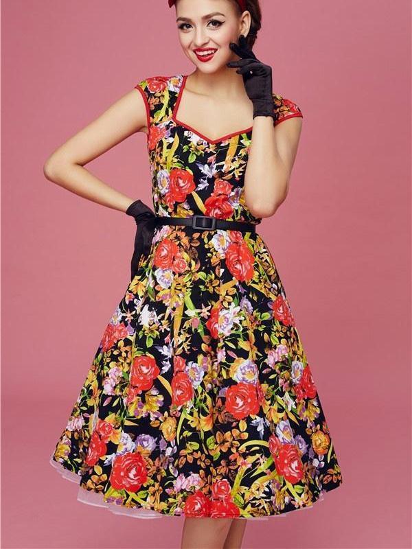 Moda vintage de mujer de los años cincuenta estampado floral Vintage lunares punteados vestido de rockabilly midi vestidos vintage