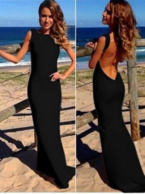 Womens Fashion Open zurück SEXY Schwarz / Weiß Lange Abendkleid Party Cocktailkleid