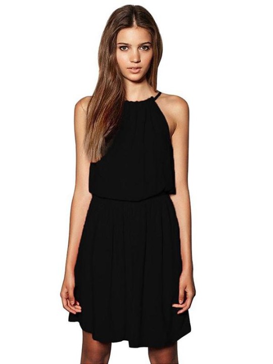 Women's Sleeveless High Neck Midi Summer Sun Pleated Chiffon Dress Casual Wear