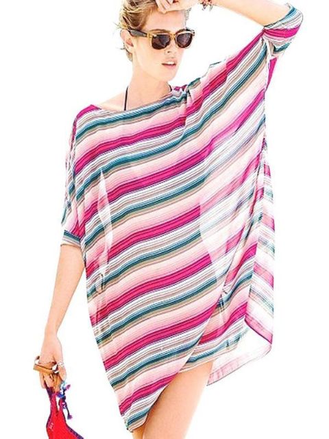 Sexy Womens Purple Stripe Bat Sleeve Beach Swimwear Cover ups