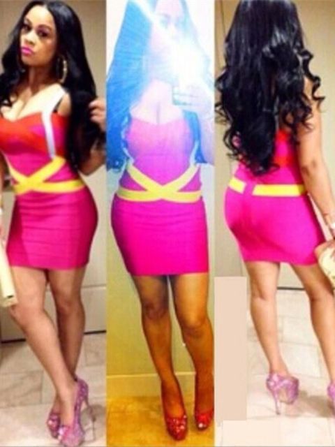 Fashion Summer Neon Colors Patchwork Bandage Dress Cocktail Evening Dress