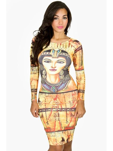 Seksikäs Celeb Kleopatra -vaatteet side elastaani 3D digitaalinen tulostaulu pitkähihainen mekko S / M / L