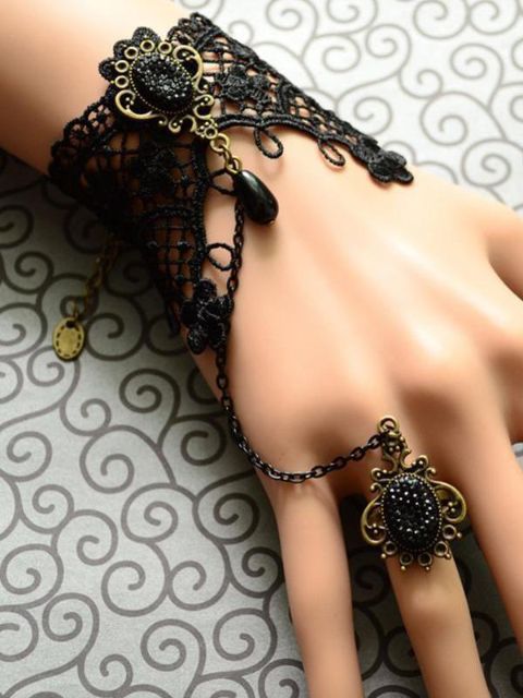 Women's Stylish Cool Lace& Beads Choker Victorian Steampunk Style Gothic Ring Bracelet