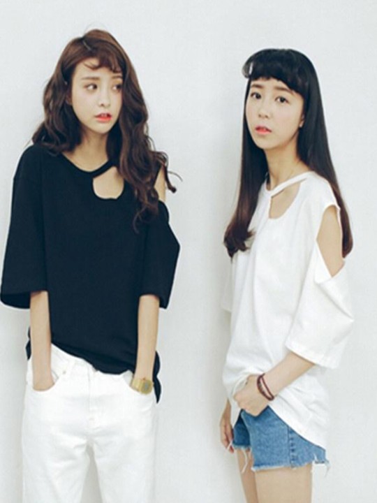 Sommermode aushöhlen T-Shirt mit kurzen Ärmeln Casual Cotton Tops