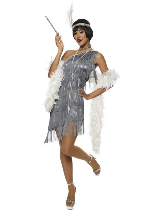 Sexet Grå Kvast Frynsekjole Flapper Pige Retro Voksen Kostume Halloween Fancy Party