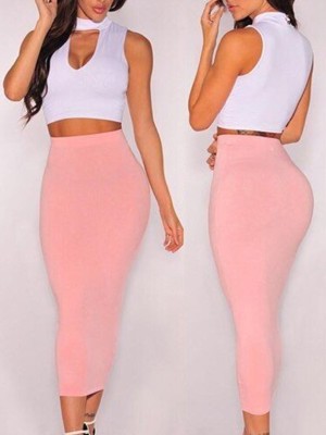 2PCS Sexy Hollow Out Suit Set High Neck Midriff Solid Color Crop Top With Hip Package Skirt Dress