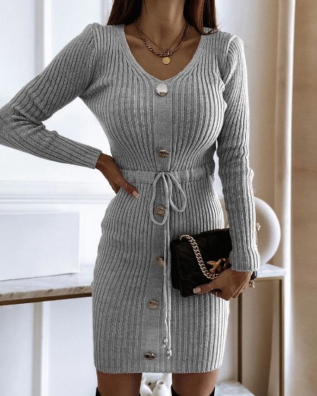 Button Decor V-Neck Long Sleeve Knit Bodycon Dress Drawstring Waist Ribbed Mini Dress