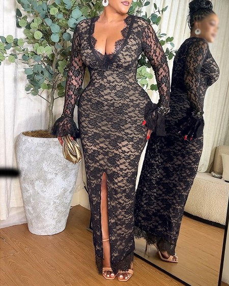 Eyelash Lace Spliced Deep V Neck Flared Cuffs Lace Maxi Dress Slim Fit Slit Front Evening Dress
