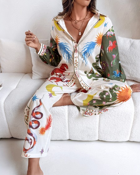 2 Pieces Outfit Boho Tribal Print Long Sleeve Blouse and Casual High Waist Wide Leg Pants Set
